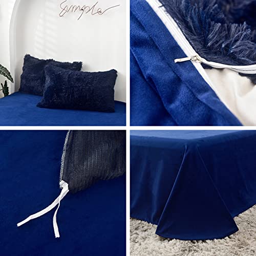 MorroMorn 5 PCS Shaggy Duvet Cover Bedding Set - Long Faux Fur Luxury Ultra Soft (Navy, Full/Queen) MorroMorn
