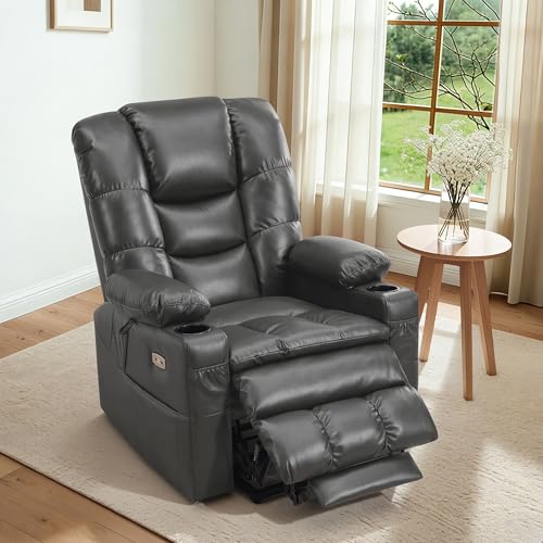 MCombo Big Man Power Lay Flat Lift Chair, Oversized Triple Motor Power Lift Recliner with Massage & Dual Heating, Adjustable Headrest, Faux Leather R7635 (Dark Grey, Large-Oversize)