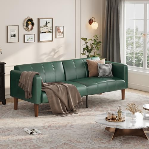 GarveeHome Futon Sofa Bed, 75-Inch Modern Faux Leather Convertible Couch, Mid-Century Loveseat for Small Space, Living Room, Bedroom, Green GarveeHome