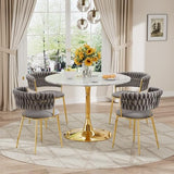 VAKTULS Luxury Round Dining Table Set for 4, 34-Inch Faux Marble Thick MDF Kitchen Table Set with 4 Grey Modern Velvet Dining Chairs for Small Place Coffee Tea, Saving Space(Gold Base) VAKTULS