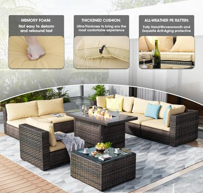 GREZJXC 10 Pieces Outdoor Sectional Patio Furniture Set with Fire Pit Table,PE Rattan Wicker Patio Sectional Conversation Set with Cushions and Glass Coffee Table Beige