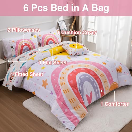 A Nice Night Bedding 6 Pcs Cartoon Rainbow Bedding Set with Smile Sun Printed for Boys Girls Bed Comforter Sets (White, Twin) A Nice Night