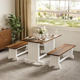 LITTLE TREE Dining Table Set for 4 with 2 Benches, Modern Kitchen Table with MDF Board, Space-Saving Dinette for Kitchen, Dining Room, Brown and White LITTLE TREE