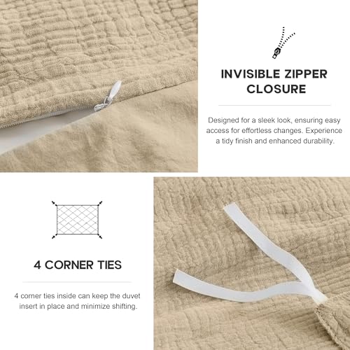 Simple&Opulence Linen Muslin Duvet Cover Set California King, 3Pcs Camel Linen Cotton 3-Layer Gauze Minimalist Comforter Cover 104”x98”, Ultra Soft Breathable Seersucker Bedding Set with 2 Pillowcases Simple&Opulence