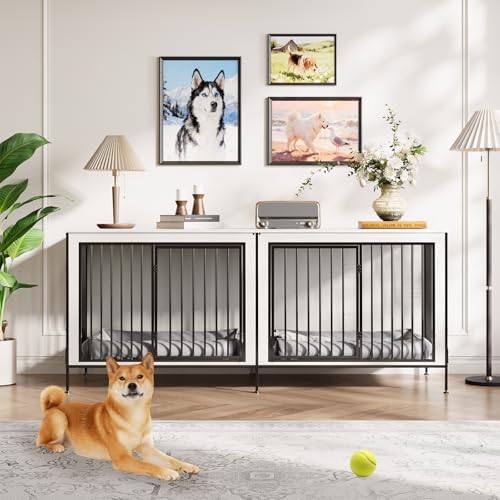 79‘’ Double Dog Crate Furniture, XL Dog Kennel Indoor, Heavy Duty Double Dog Crates for Medium/Large Dogs, Dog Kennel Furniture Indoor As TV Stand, Rustic White IDEALHOUSE