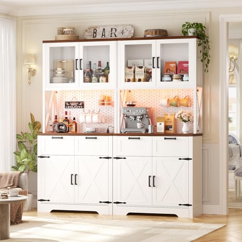 Unikito 71" Tall Kitchen Pantry Storage Cabinet with LED Light & Outlet, 63" Wide Kitchen Hutch Cabinet with Large Countertop, DIY Pegboard and Drawers, Farmhouse Food Pantry for Living Room, Unikito