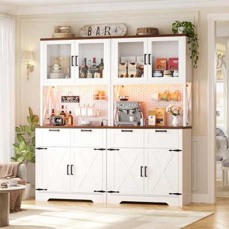 Unikito 71" Tall Kitchen Pantry Storage Cabinet with LED Light & Outlet, 63" Wide Kitchen Hutch Cabinet with Large Countertop, DIY Pegboard and Drawers, Farmhouse Food Pantry for Living Room, Unikito