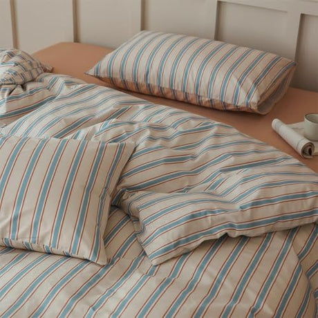 Blue Striped Duvet Cover Set Full 100% Cotton Retro Stripes Pattern 3 Pieces Bedding Set Blue Brown Striped Comforter Cover Minimalist Soft Breathable Duvet Cover with Zipper Closure & Corner Ties LifeTB
