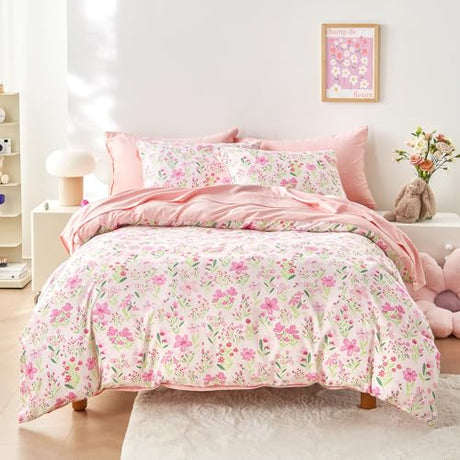Wake In Cloud - Floral Bedding Set for Girls, Cute Colorful Botanical Flowers Patterned Soft Lightweight Comforter Set with Sheets, 5 Pieces Kids Bed in a Bag, Light Pink, Twin Size Wake In Cloud