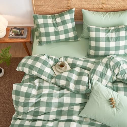 Wake In Cloud - Gingham Cotton Duvet Cover Set, Plaid Buffalo Check Checkered Farmhouse, 100% Washed Cotton Textured Percale Bedding Set, 3 Pieces, Green White, Twin/Twin XL Size Wake In Cloud