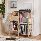 LELELINKY Record Player Stand, Natural Oak Wood Record Holder with Vinyl Storage Holds up to 300+ Albums, 3-Tier Rattan Media Table with Vinyl Display Shelf, Record Storage Cabinet for Living Room LELELINKY