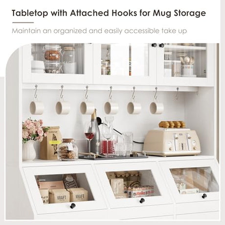 HIFIT 71.4” H Kitchen Pantry Storage Cabinet, Farmhouse Tall Pantry Cabinet with 3 Bread Storage Containers and Cable Hole, 47.2” Wide Kitchen Hutch with 7 Metal Hooks and Glass Doors, White HIFIT