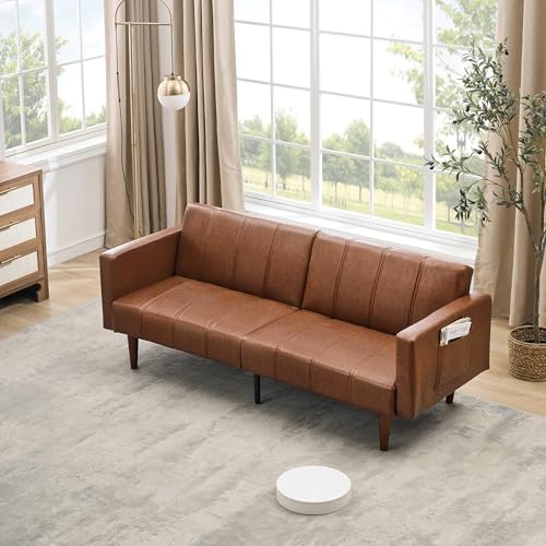 Garvee Modern Futon Sofa Bed, Convertible 75" Sleeper with Adjustable Backrest & Side Pockets, Mid-Century Brown PU Leather Garvee