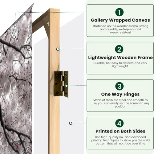 Large 4 Panels Folding Screen Room Divider Japanese Pink Cherry Blossom Mount Pictures Blossoms Pagoda Calm Boho Divider for Room Separation Portable Privacy Partition Screen Indoor VETEB