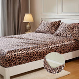 MR&HM Satin Fitted Sheet Full Size, Silky Bottom Sheet with Elastic Corner Straps, Deep Pocket up to 15 Inch, No More Slipping Off for Mattress - 1 Fitted Sheet Only (Brown Leopard) MR&HM