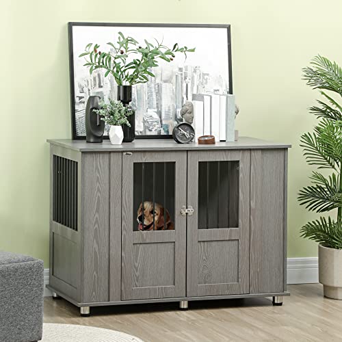 PawHut Dog Crate Furniture, Wooden End Table Furniture with Lockable Magnetic Doors, Extra Large Size Pet Kennel Indoor Animal Cage, Gray - WoodArtSupply