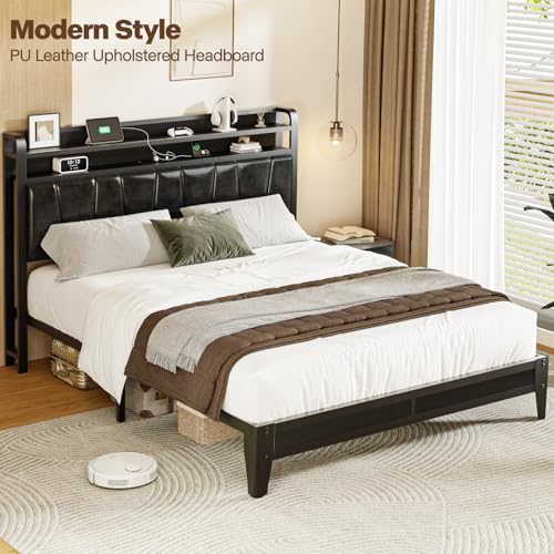 Siihnon Queen Size Bed Frame with 2-Tier Storage Shelves, LED Bed Frame with PU Leather Headboard, Metal Platform Bed with Charging Station, Noise Free, No Box Spring Needed, Easy Assembly, Black Siihnon