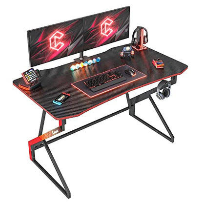 CubiCubi Simple Gaming Desk Z Shaped 47 inch Gamer Workstation, Home Computer Carbon Fiber Surface Gaming Desk PC Table with Headphone Hook - WoodArtSupply