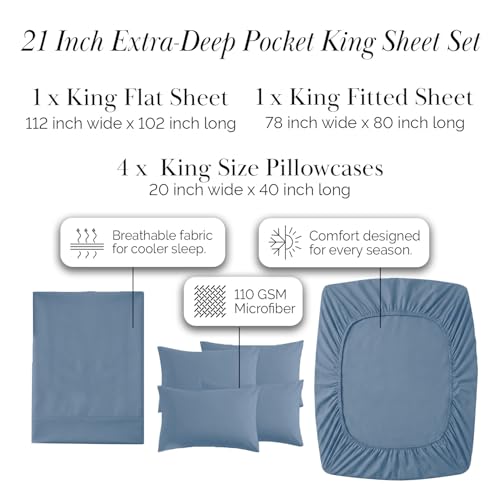 Southshore Fine Living, Inc. 6 Piece, 21 Inch Extra Deep Pocket King Sheet Set, Pet Hair Resistant Bedding w/ 4 Pillow Cases, Blue King Sheets Deep Pocket Set, Easy Care, Coronet Blue Sheets Southshore Fine Living, Inc.