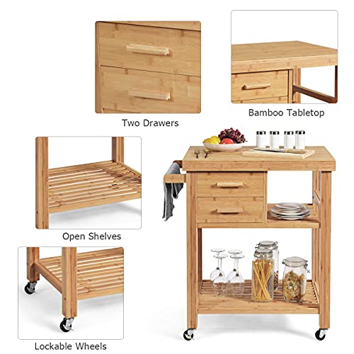 PETSITE Bamboo Kitchen Island Cart, Butcher Block Table on Wheels with Drawers, Shelves, Towel Rack - WoodArtSupply