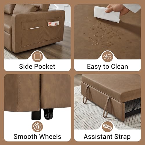 N NOORDENIYA 55'' Leather Sofa Bed, Pull Out Sleeper Sofa Couch Bed, Loveseat Sleeper, Futon Sofa Couch with Side Pocket, Convertible Sofa Bed for Living Room, Apartment, Bedroom, RV, Brown N NOORDENIYA