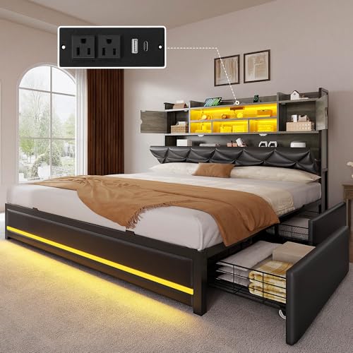 DWVO Queen Size Bed Frame with RGB LED Lights & Storage Bookcase Headboard, Upholstered Bed with Charging Station and 4 Drawers, No Box Spring Needed, Easy Assembly, Noise-Free, PU Leather Black DWVO