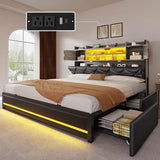 DWVO Queen Size Bed Frame with RGB LED Lights & Storage Bookcase Headboard, Upholstered Bed with Charging Station and 4 Drawers, No Box Spring Needed, Easy Assembly, Noise-Free, PU Leather Black DWVO