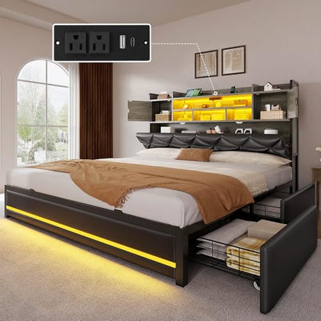 DWVO Queen Size Bed Frame with RGB LED Lights & Storage Bookcase Headboard, Upholstered Bed with Charging Station and 4 Drawers, No Box Spring Needed, Easy Assembly, Noise-Free, PU Leather Black DWVO
