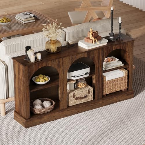 GarveeLife 63" Mid Century Modern TV Stand, Modern Console Table with Charging Station for Entryway Living Room, Modern Entertainment Center 3-Tier Rustic Brown Media Console for TV Up to 65 70 Inch GarveeLife