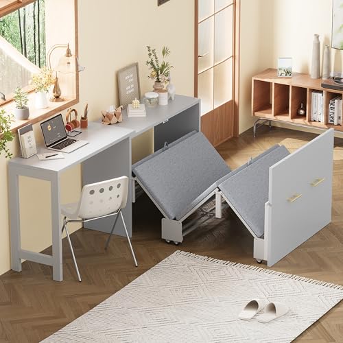 JIVOIT Twin Size Murphy Chest Dresser Bed with Desk, Foldable Cushion, Murphy Cabinet Bed with Adjustable Position Desk for Guest Room, Small Space, No Box Spring Needed (Gray//17) JIVOIT