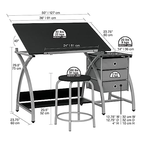 SD STUDIO DESIGNS 2 14 Piece Comet Center Plus, Craft Table and Matching Stool Set with Storage and Adjustable Top, 50x23.75x29.5 inches, Silver/Black SD STUDIO DESIGNS