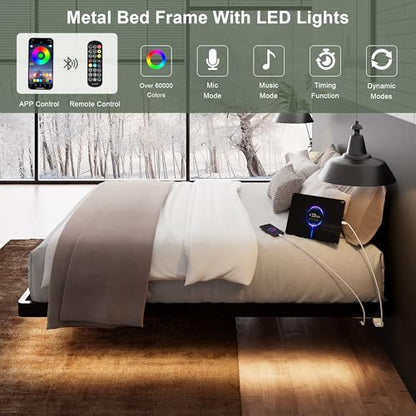 Feonase King Size Floating Bed Frame with LED Ambient Lighting and Charging Station - WoodArtSupply