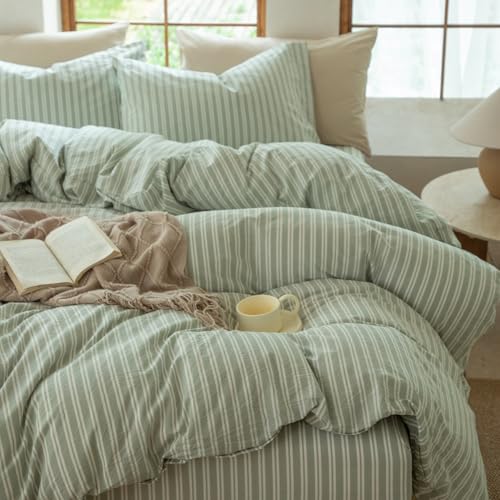 BESTDESIL Sage Green and White Striped Duvet Cover,100% Washed Cotton Breathable and Linen Like Bedding Set(Strip-Sage Green/White,Twin) BESTDESIL