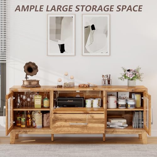 LUXOAK 63'' Modern Wood TV Stand for 70+ Inch TV, Mid Century High Gloss Entertainment Center with Glass Doors & Adjustable Shelf, Console Table with Storage Drawer for Living Room, Yellow Oak LUXOAK