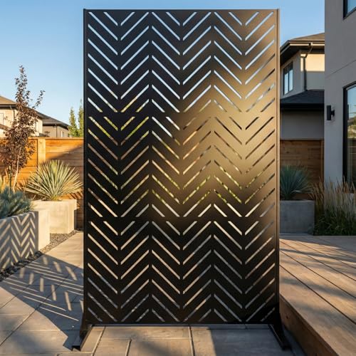 Metal Privacy Screen Outdoor – 6FT Freestanding Decorative Steel Panel with Stand, Laser-Cut Chevron Pattern Modern Privacy Divider, Rustproof & Weather-Resistant Screen for Patio, Garden & Backyard TALLYVER