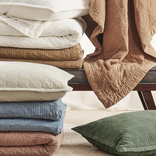 EVERGRACEHOME Stonewashed Cotton Quilt Set Full Queen Size, Ultra Soft Oversized Bedspread Coverlet Set, Lightweight Crinkle Box Stitch Bedding Sets for All Season, with 2 Shams, Mocha Brown EVERGRACEHOME