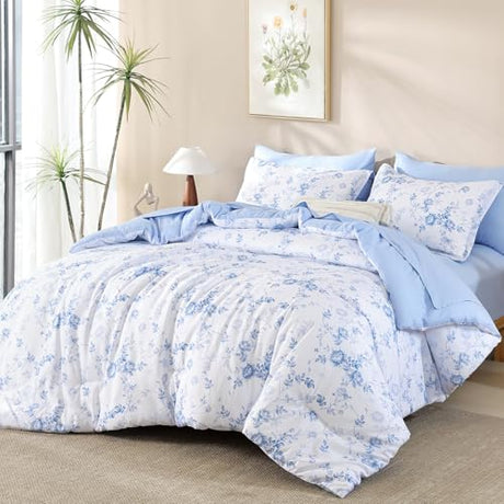 Luxudecor Floral King Comforter Set 7 Pieces Bed in a Bag, Blue Rose Romantic Flower Bed Set, Soft Reversible Comforter with Sheet Set 104"x90" Luxudecor