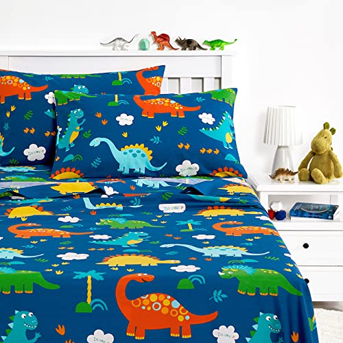 Wake In Cloud - Dinosaur Bed Sheets for Boys, 100% Cotton, 4-Piece Sheet Set Kids, Cute Colorful Cartoon Animal Leaf Tree Pattern Printed Bedding, Deep Pocket, Navy, Full Size Wake In Cloud