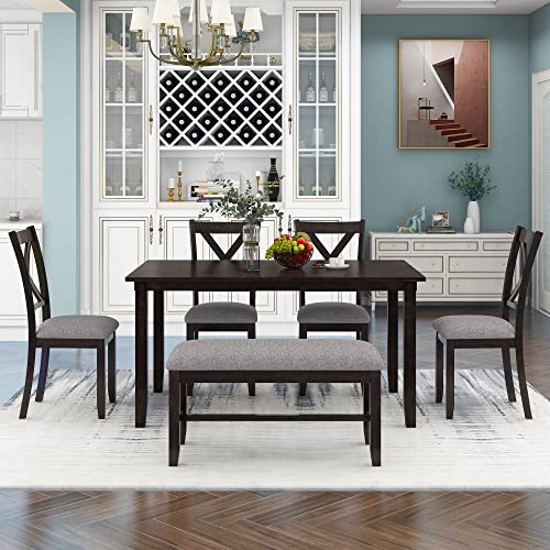 DINTABBLE Room 6-Piece Farmhouse Dining Set with Wooden Rectangular Table, 4 Padded Chairs and 1 Bench for Family Kitchen Gatherings, Espresso