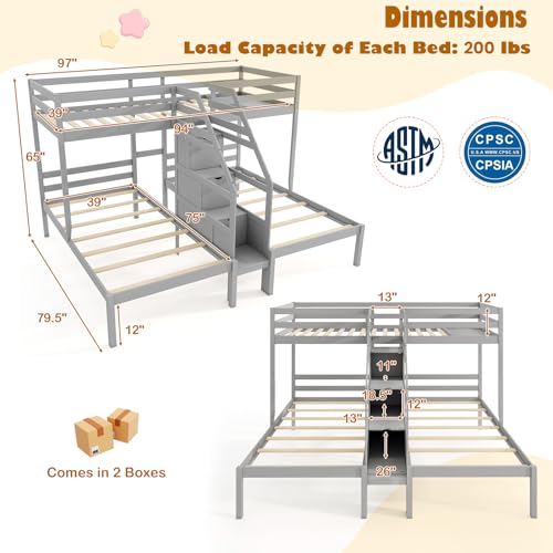 KOTEK Triple Bunk Bed with Stairs, Twin Over Twin & Twin Bunk Bed Frame with Guardrail & Storage, Wooden Bunkbeds for 3 Kids Teens, No Box Spring Needed (Grey) KOTEK