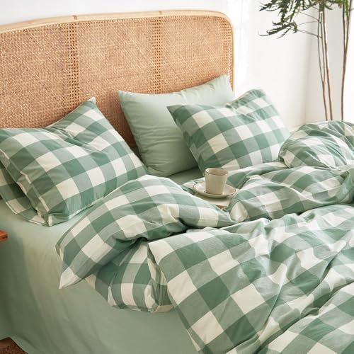 Wake In Cloud - Gingham Cotton Duvet Cover Set, Plaid Buffalo Check Checkered Farmhouse, 100% Washed Cotton Textured Percale Bedding Set, 3 Pieces, Green White, Twin/Twin XL Size Wake In Cloud