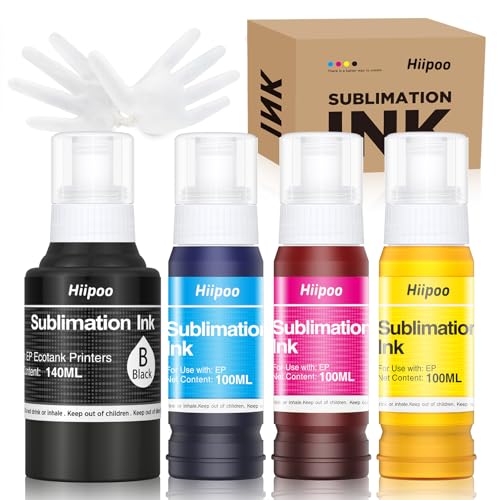 Hiipoo 440ML Sublimation Ink Refilled Bottles Compatible for ET2400 ET2720 ET2760 ET2750 ET4800 ET-2800 ET-2803 ET-2850 Inkjet Printers Heat Press Transfer on Mugs T-Shirts, 1BK/1C/1Y/1M Hiipoo