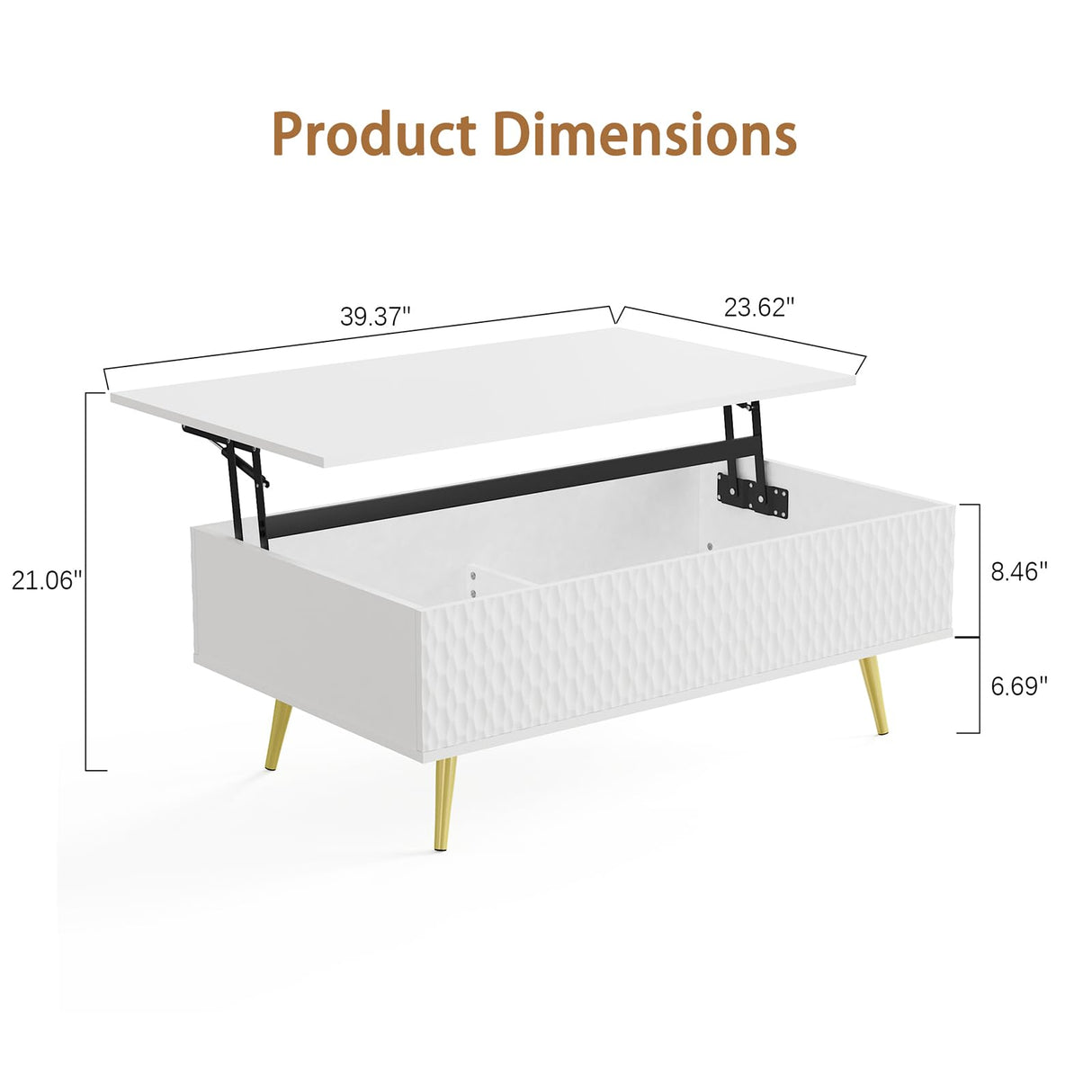 Modern Lift Top Coffee Table，39.37" White Mid Century Coffee Table with Lifting Top for Living Room, Wooden Carved Center Table with Hidden Storage Metal Legs, Fluted Panel, Adjusting to Dining Table VOXANOXI