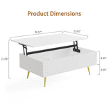 Modern Lift Top Coffee Table，39.37" White Mid Century Coffee Table with Lifting Top for Living Room, Wooden Carved Center Table with Hidden Storage Metal Legs, Fluted Panel, Adjusting to Dining Table VOXANOXI