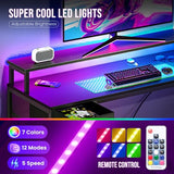 DUMOS 53” Gaming Desk with USB Charging Ports & LED Lights, Reversible L Shaped Desks Computer Corner Gamer Table with Power Outlets Monitor Stand Storage Shelves for Home Office Small Space, Black DUMOS