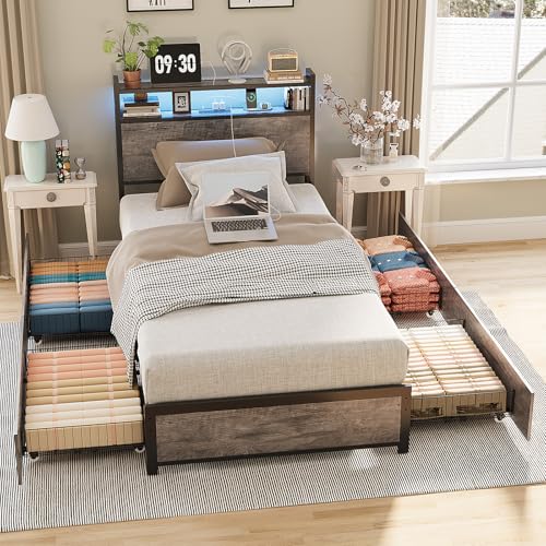VINGLI Twin Platform Set of 2 with 4 Storage Drawers and Headboard Shelf, Metal Single Bed Frame with LED Lights and Charging Station, No Box Spring Needed, Easy Assembly, Wash Grey VINGLI