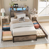 VINGLI Twin Platform Set of 2 with 4 Storage Drawers and Headboard Shelf, Metal Single Bed Frame with LED Lights and Charging Station, No Box Spring Needed, Easy Assembly, Wash Grey VINGLI