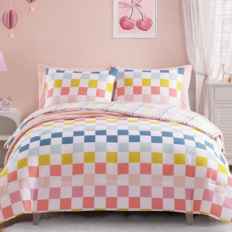 Wink Deer Twin Comforter Set for Girls-5 Pieces Colorful Check Twin Bedding Sets for Kids, Ultra Soft Bed in A Bag with Sheets Wink Deer