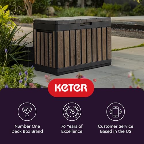 Keter Signature Everwood 50 Gallon Resin Deck Box-Organization and Storage for Patio Cushions, Throw Pillows and Garden Tools, Walnut Keter