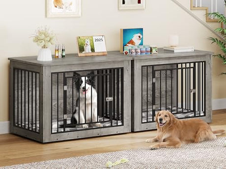 YITAHOME 76 Inch Double Dog Crate Furniture, XXL Dog Crate Furniture for 2 Dogs, Side End Table, Waterproof Top, Safety Corners, 2-in-1 Iron-Wood Fusion Dog Kennel Furniture for 2 Large Dogs,Greige YITAHOME